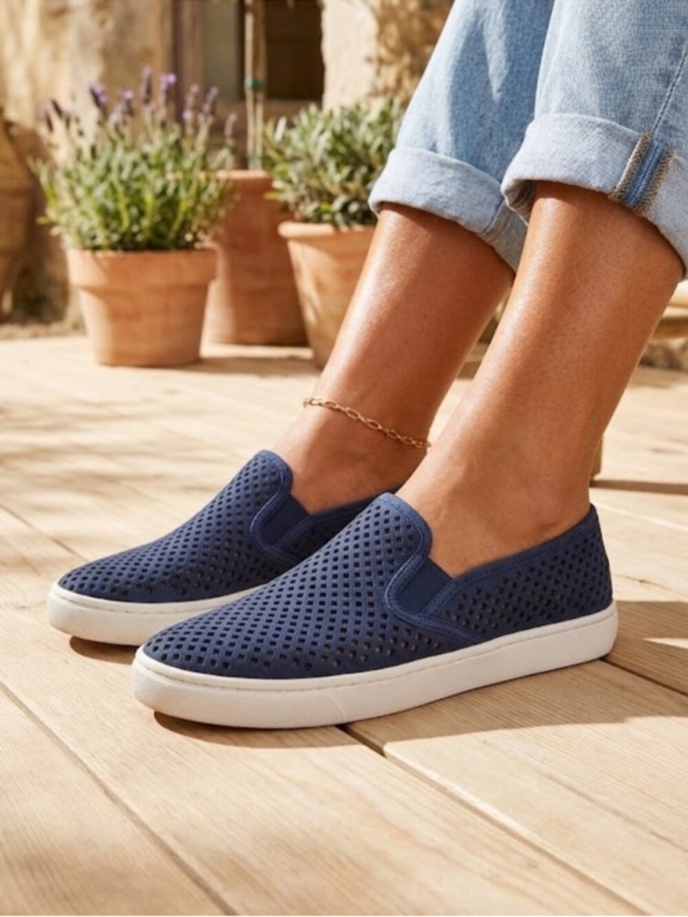 Tory Burch | Jesse Perforated Suede Slip On Flat Sneakers Shoes Navy Blue (7)